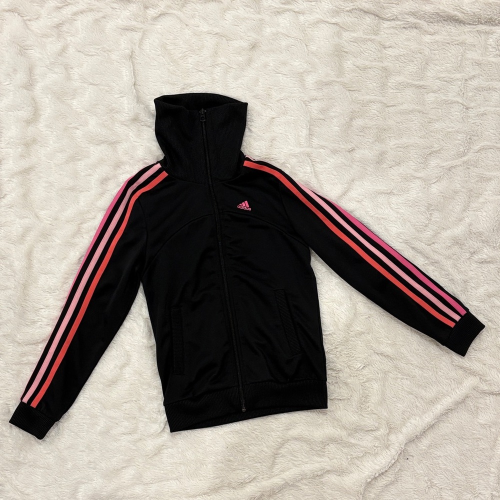 Adidas Girls Youth Small Black Zip-Up Jacket Pink Stripes Lightweight